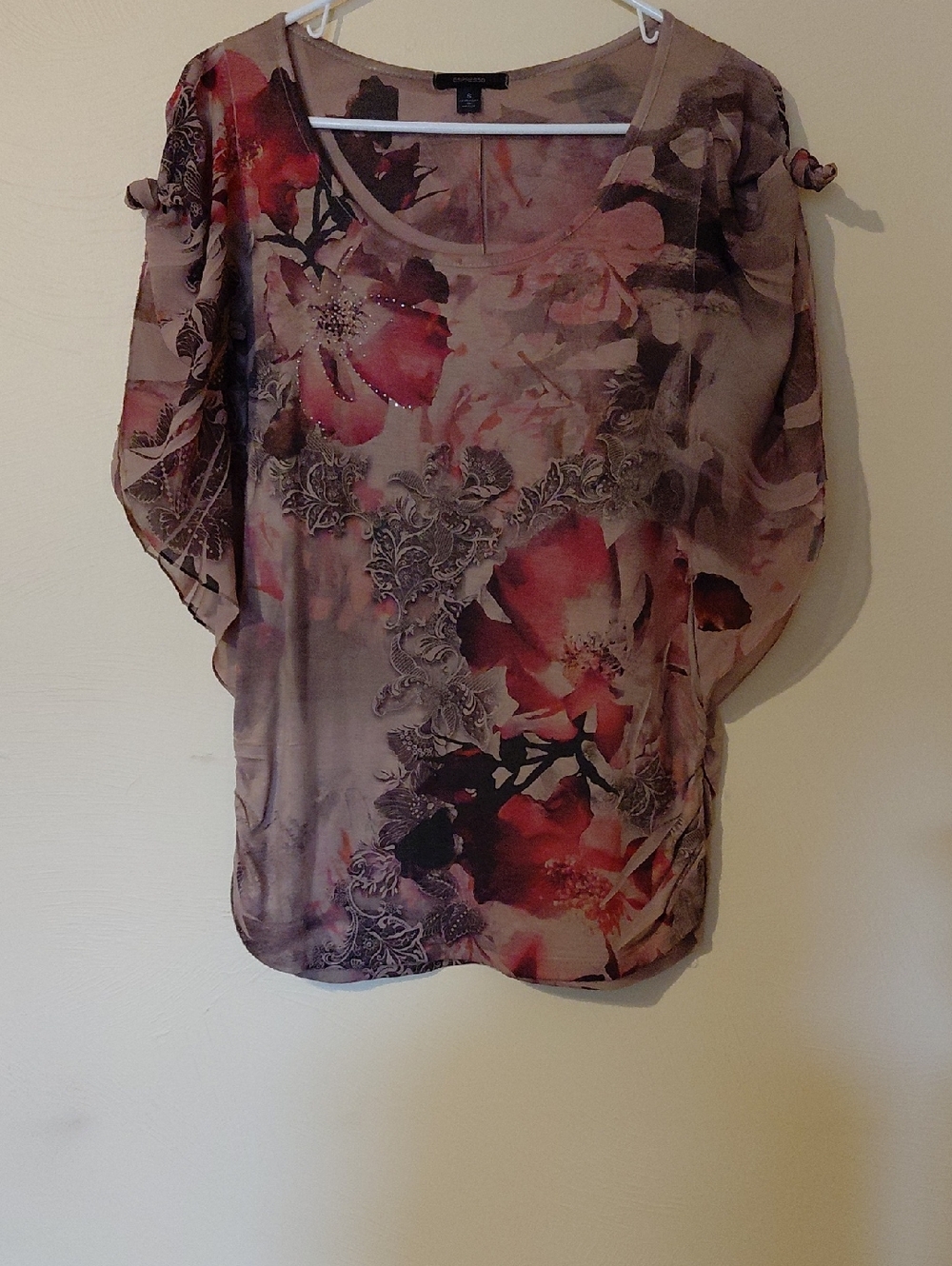 Espresso Taupe Floral Dolman Sleeve Top with Pink Accents